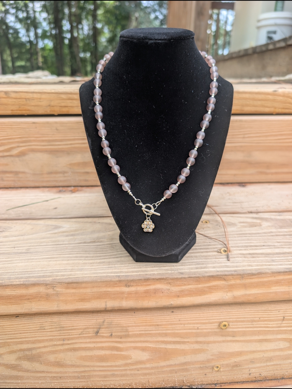 Grey Beaded Necklace with A Paw Charm